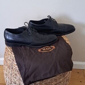 Tod's Mens Classic  Black Italian Leather Wingtip Oxford Dress Shoes‎ US12/IT11